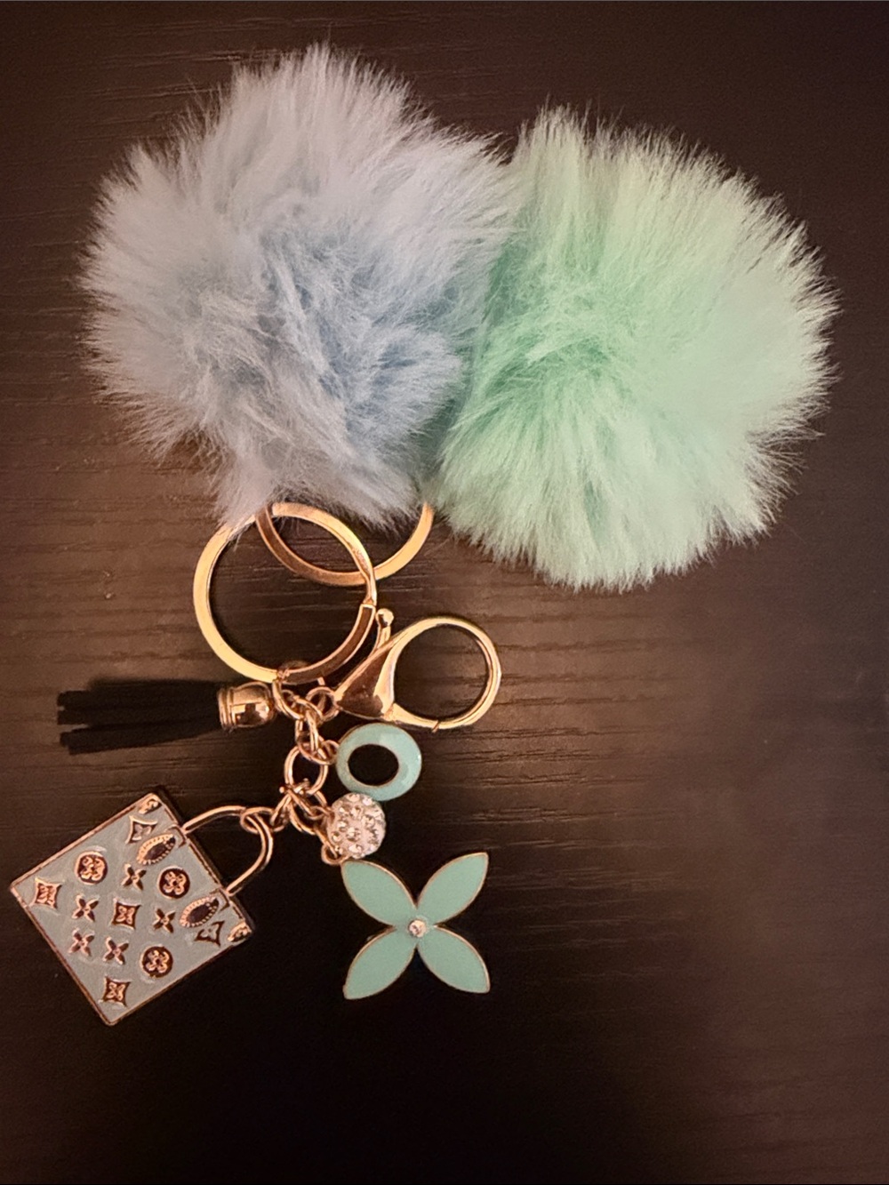 Inspired Mint & Light Blue Pom Pom Key Charm with Floral and Bag Charms
